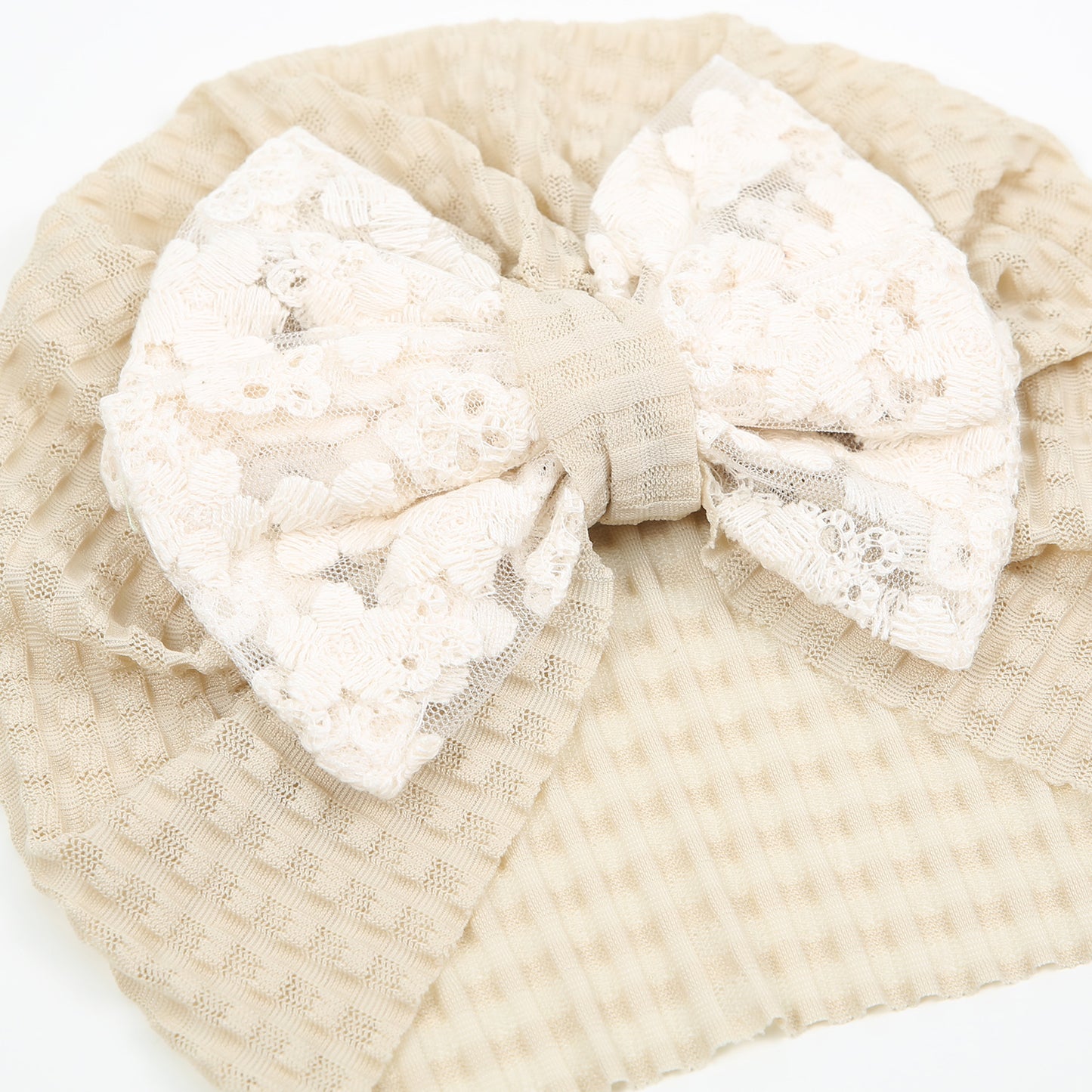 Turban Waffelstruktur Spitzenschleife beige