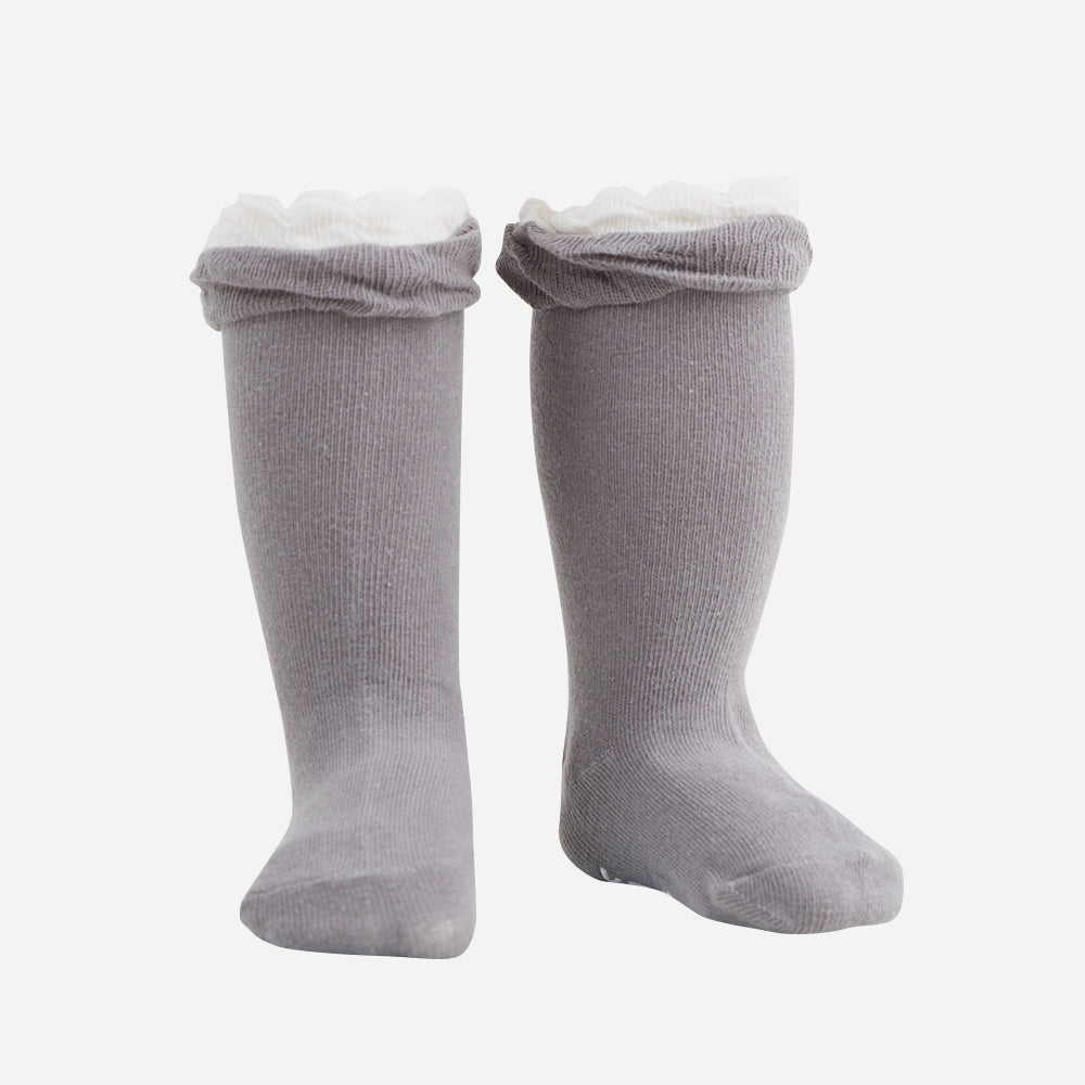 Hohe Strümpfe Rüschen grau
