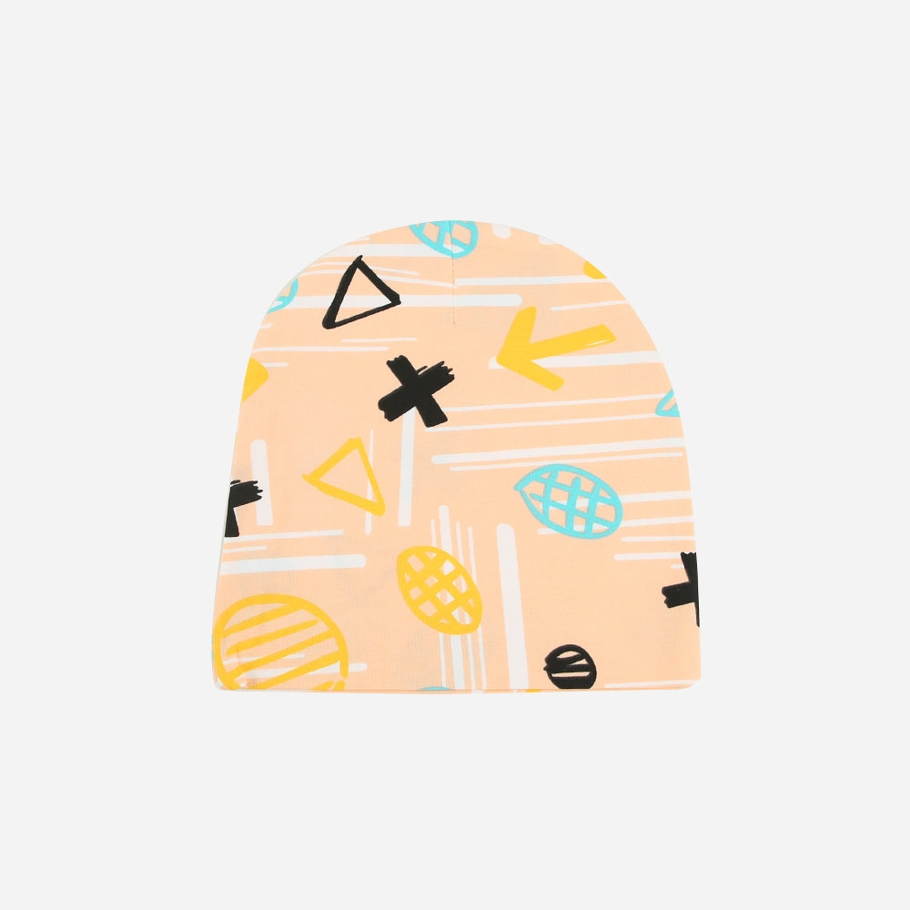 Beanie aus Baumwolle mit einem auffälligen Geomuster in Orange mit pls und Kreisen in schwarz